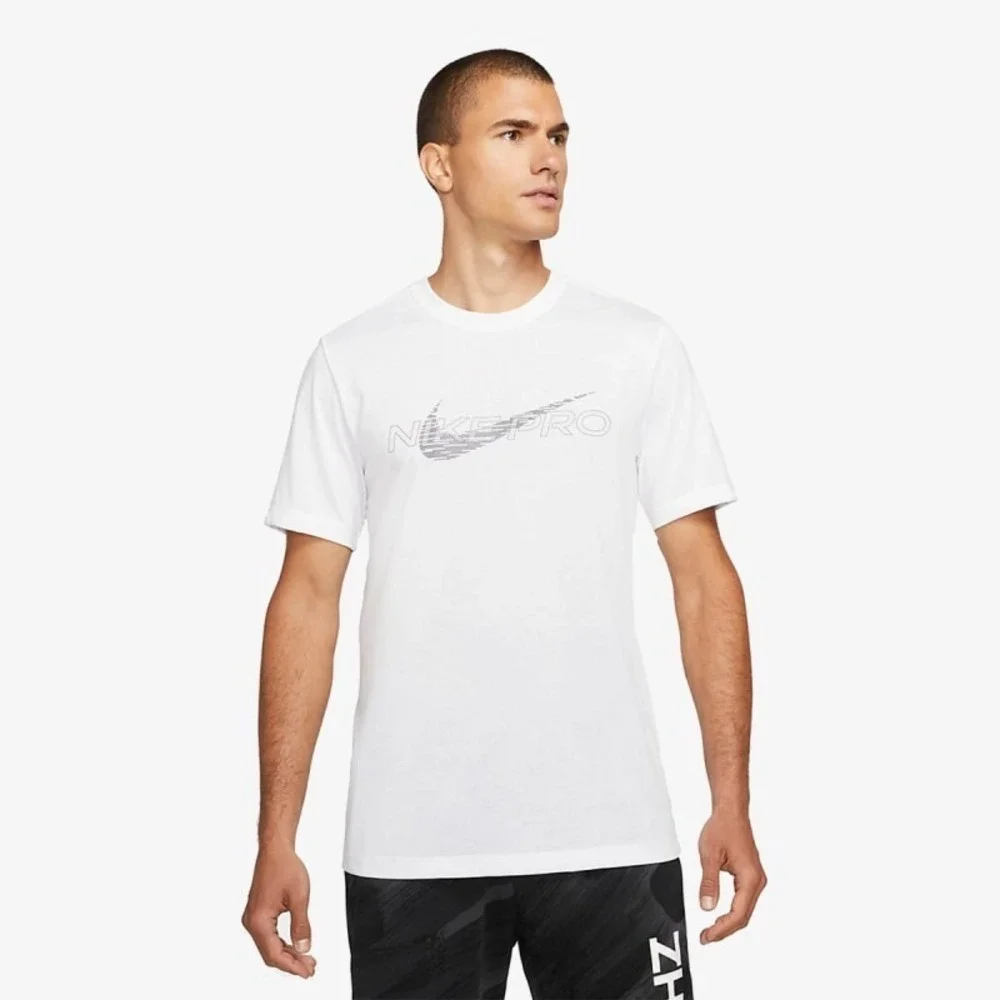 Nike Pro Dri-Fit T-Shirt Men L White Center Swoosh Athletic Training Performance